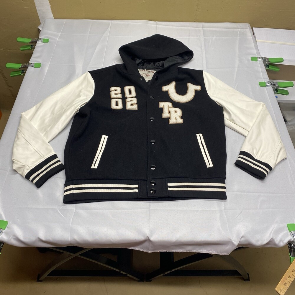 True Religion Hooded Varsity Jacket Size Large Black White! World tour!